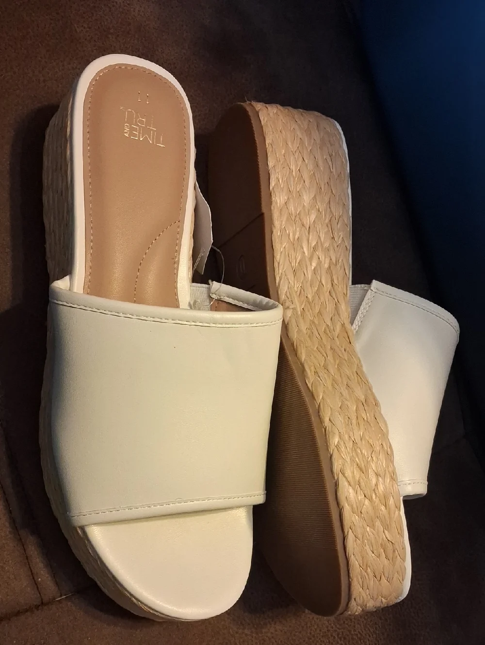 Time and Tru White Platform Slide Sandals With Raffia Trim Size 11